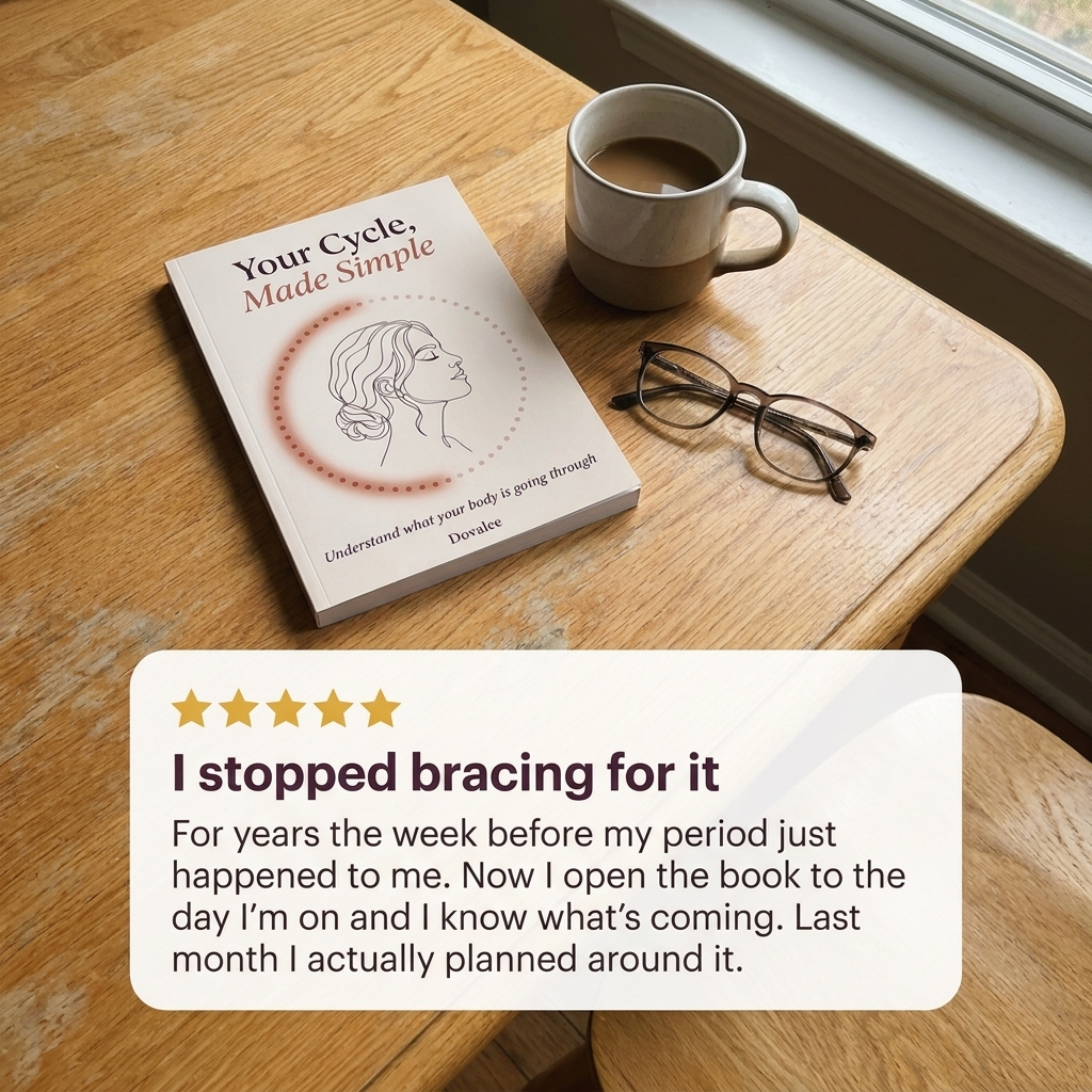 The book on a wooden table by a window with coffee and glasses, with a review: I stopped bracing for it.